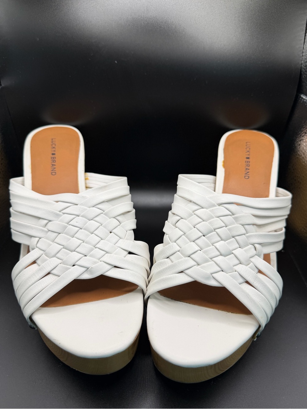 Lucky Brand White Woven Wedge Slides